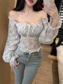 Joudiya Light Blue And White,Summer,Elegant,Dates,Butterfly Embroidery All-Over Print Textured Lace Blouse,Off-Shoulder Crop Top With Front Tie Closure,Shirt - Blue - View 6