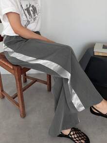 FRIFUL 女款彈性腰拼色休閒寬鬆闊腿褲，百搭日常穿著，適合度假、上班、運動、海灘，灰色，秋季 - 灰色 - 查看 2