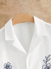 HIMLAND Men's Casual Vacation White And Blue Floral Cuban Camp Collar Shirt,Summer Short Sleeve Button Down,Line Art Minimalist Botanical Print,Relaxed Fit - White - View 4