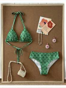 Swim Mod 大尺碼女款夏季海灘全印花掛脖綁帶性感比基尼與三角泳褲泳衣套裝 - 綠色 - 查看 1
