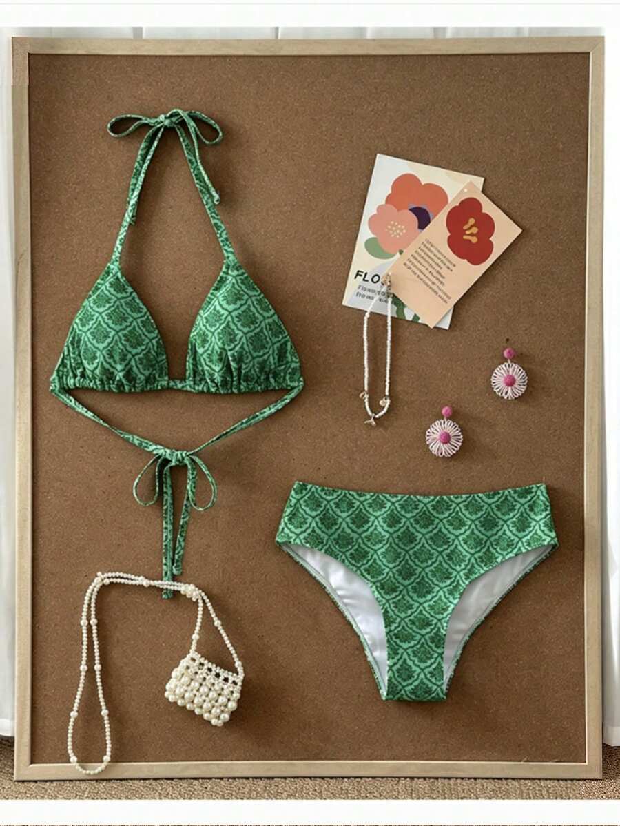 Swim Mod 大尺碼女款夏季海灘全印花掛脖綁帶性感比基尼與三角泳褲泳衣套裝 - 綠色 - 查看 1
