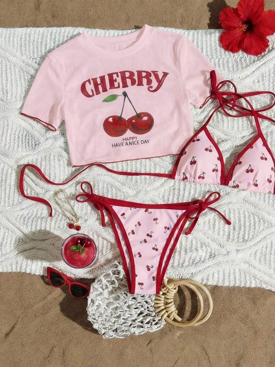 SHEIN MOD 女士甜美樱桃字母印花短袖上衣和撞色滚边比基尼三件套,适合海滩和度假穿着 - 粉色 - 查看 1