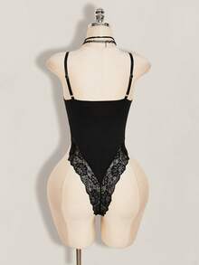 SHEIN ICON Women's Solid Color Spaghetti Strap Sleeveless Fitted Lace Patchwork Bodysuit, Summer - Black - View 6