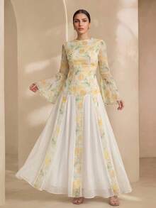 Graceveil Women's French Elegant Yellow Round Neck Double-Layer Flare Sleeve Waist Cinched Dress Bride Printed Dress Yellow Dress Latest Dress Style Vacation - View 2
