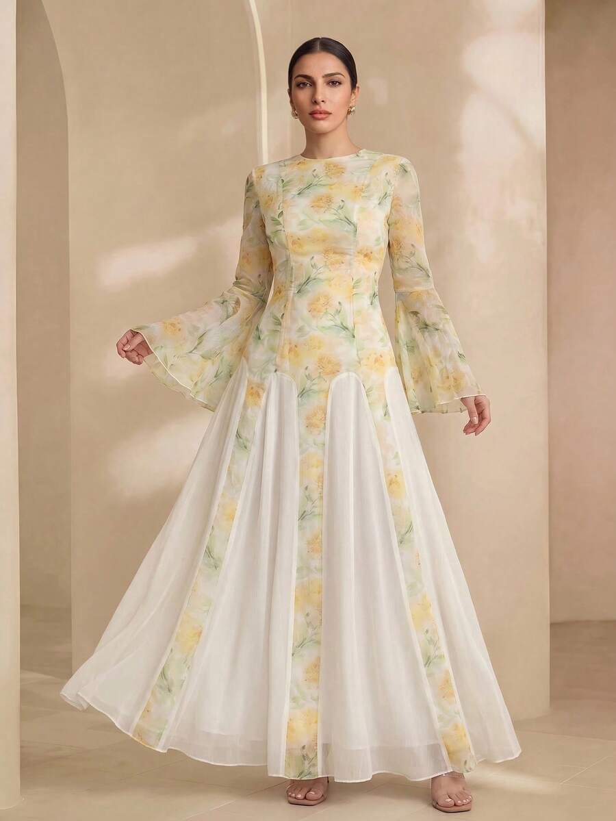 Graceveil Women's French Elegant Yellow Round Neck Double-Layer Flare Sleeve Waist Cinched Dress Bride Printed Dress Yellow Dress Latest Dress Style Vacation