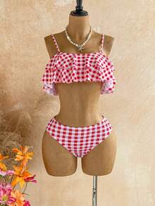 Soleia Conjunto de Maiô Bikini Bandeau com Babados Xadrez Vermelho & Branco, Roupa de Banho Estilo Garota Doce Retrô de Cintura Alta para Férias - Vermelho e Branco - Visão 3
