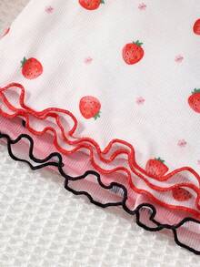 Cozy Pixies 2set Baby Girl Cute Strawberry Pattern Ruffle Round Neck Long Sleeve Long Pants Soft Comfortable Skin-Friendly Home Pajama Set - Baby Pink - View 3