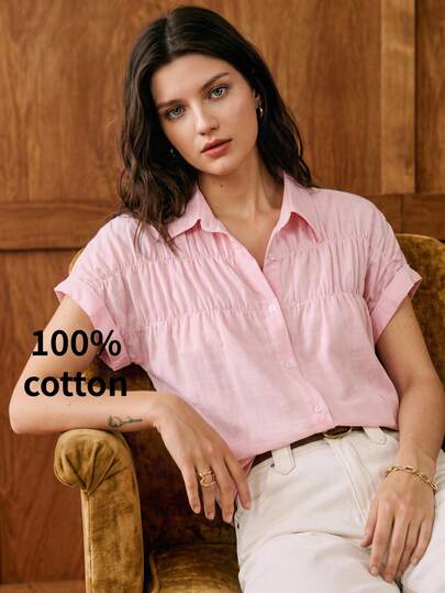BizChic 2026 Spring/Summer New Ruched Collar Pink Shirt, Versatile For Layering, Suitable For Various Occasions: Commute, Daily, Casual, Romantic 90s Retro, Party, Beach, Graduation, Wedding Guest, Bridesmaid, Hostess, Outings, Social Events, Concerts, Performances, Brunch, Airport