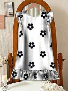 Tween Girls Sweet Spring Tropical Bowknot Round Neck Sleeveless Ruffle Hem Cap Sleeve Mid-Length Dress, Spring/Summer Resort - Black - View 3