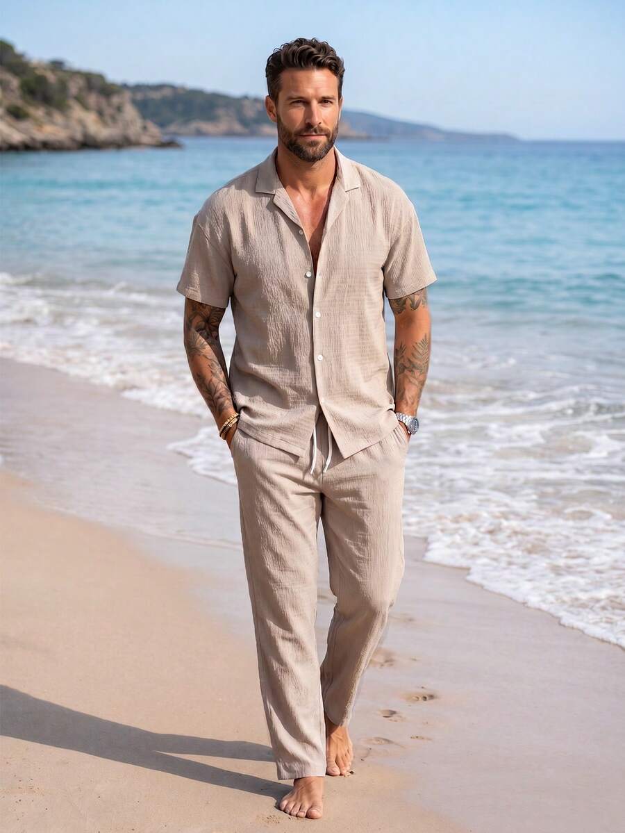 VENTUSAIL Bộ nam áo sơ mi ngắn tay cổ họa tiết trơn màu casual đi nghỉ dưỡng và quần lưng thun - Màu be - Xem 1