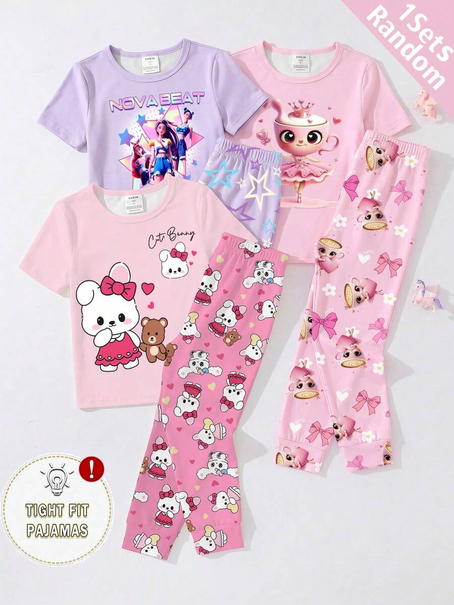 Random 1Set ] Young Girls Pajamas Pink,Summer,Fairy,Family Matching,Holiday Rabbit Coffee Cup Print Tight Fit Stretchy Knit Sleepwear,Snug Fit - Pink - View 1