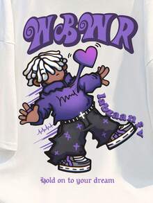 Resyla T-shirt casual de manga curta com gola redonda, estampa de letras e personagens de desenhos animados para homem - Multicolorido - Ver 3