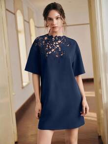 Anewsta Solid Color Loose Lace Patchwork Short Sleeve Straight Dress For Women - Navy Blue - View 7