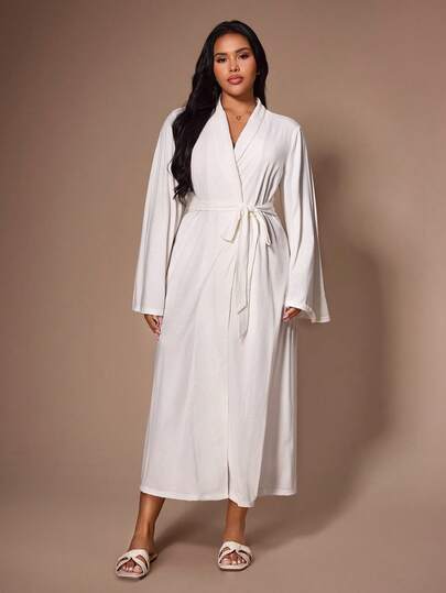 Lazeform Plus Size Women Casual Solid Color Lapel Flare Sleeve Tie-Waist Robe