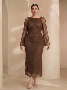 Graceveil Elegant Solid Color Lace Asymmetric Collar Long Sleeve Ruched Fitted Regular Spring/Summer Plus Size Dress - View 6