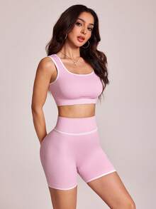 SHEIN Sports Women's Summer Contrast Trim Ribbed Racerback Sports Bra And Shorts Set - Pink - View 3