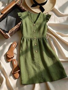 SHEIN Holidaya 女士新品：优雅性感，适合办公室、度假、海滩、通勤、浪漫约会、派对、生日派对、音乐会、情人节和嘉年华等场合。女士夏季新款V领荷叶边下摆宽松A字绿色竹麻短裙，绿色连衣裙，V领连衣裙，荷叶边下摆，荷叶边袖连衣裙，吊带连衣裙，女士度假连衣裙，女士可爱连衣裙，女士夏季连衣裙 - 綠色 - 查看 4
