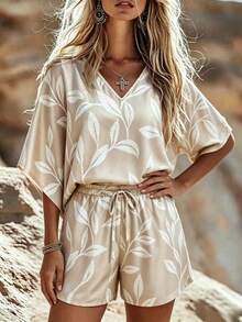 EMERY ROSE Minimalist Boho Leaf Print Plus Size Short Sleeve Shorts Set Vacation Beige Summer Beach - Khaki - View 4