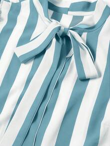 Rometta Plus Size Women's Light Blue Striped Ruffle Tie Bow Blouse & Metal Button High Waist Wide Leg Pants Suspender Suit,Summer Cute School Commuting Style - Multicolor - View 7