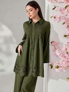 Veilorie Damen elegantes Set aus einfarbiger Bluse und Hose, 2-teilig - Armeegrün - Übersicht 5