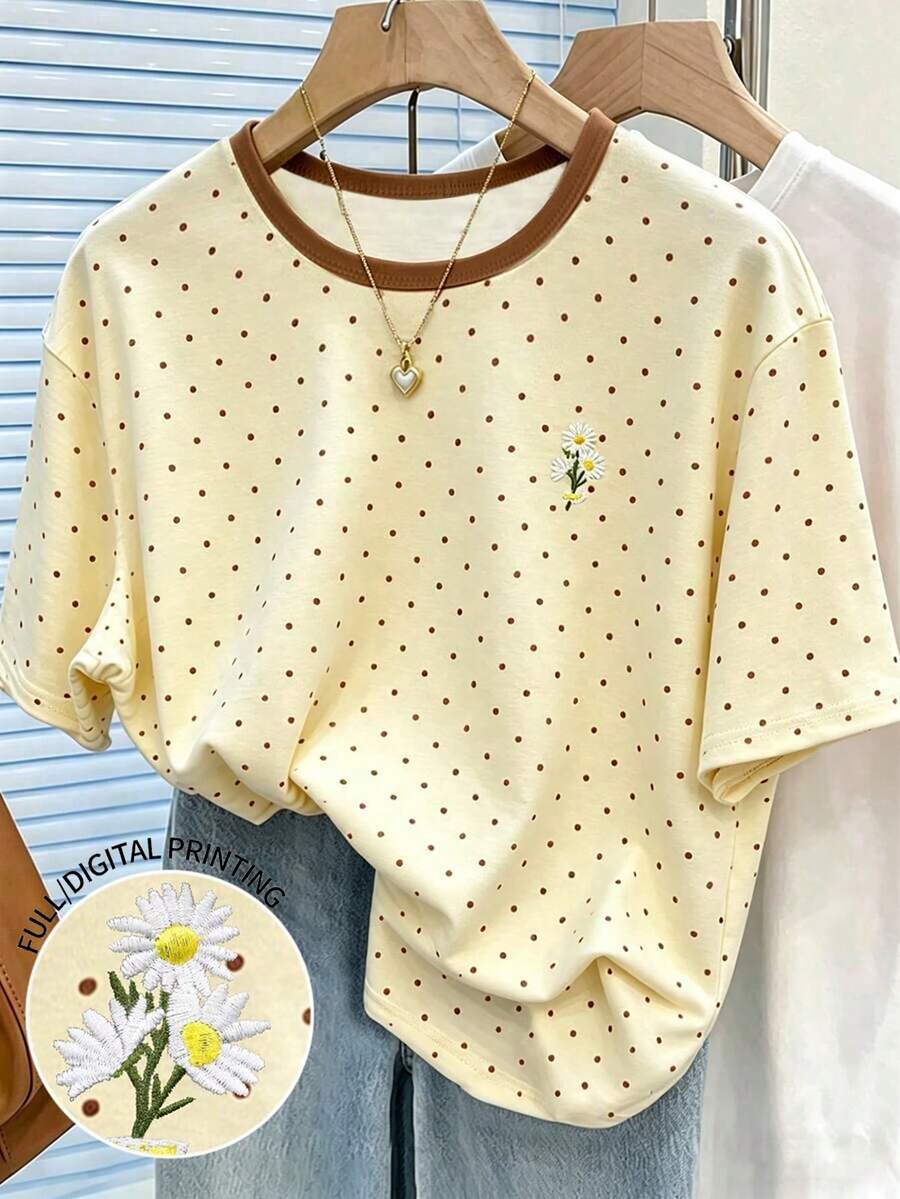 SHEIN 青少年女孩數位花卉與波點印花短袖上衣,休閒舒適,適合春夏季,戶外活動百搭穿搭,適用於野餐、街拍、度假、禮物及日常穿著 - 彩色 - 查看 1