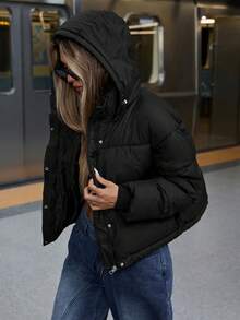 EMERY ROSE High-End Thickened Hooded Cropped Stand Collar Loose Padded Padded Coat Clothes Winter  - Black - View 6