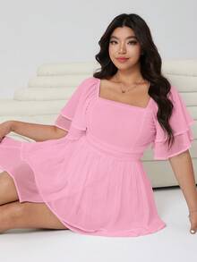 Solflare Plus Size Women Solid Color Square Neck Raglan Sleeve Casual Jumpsuit - Pink - View 5