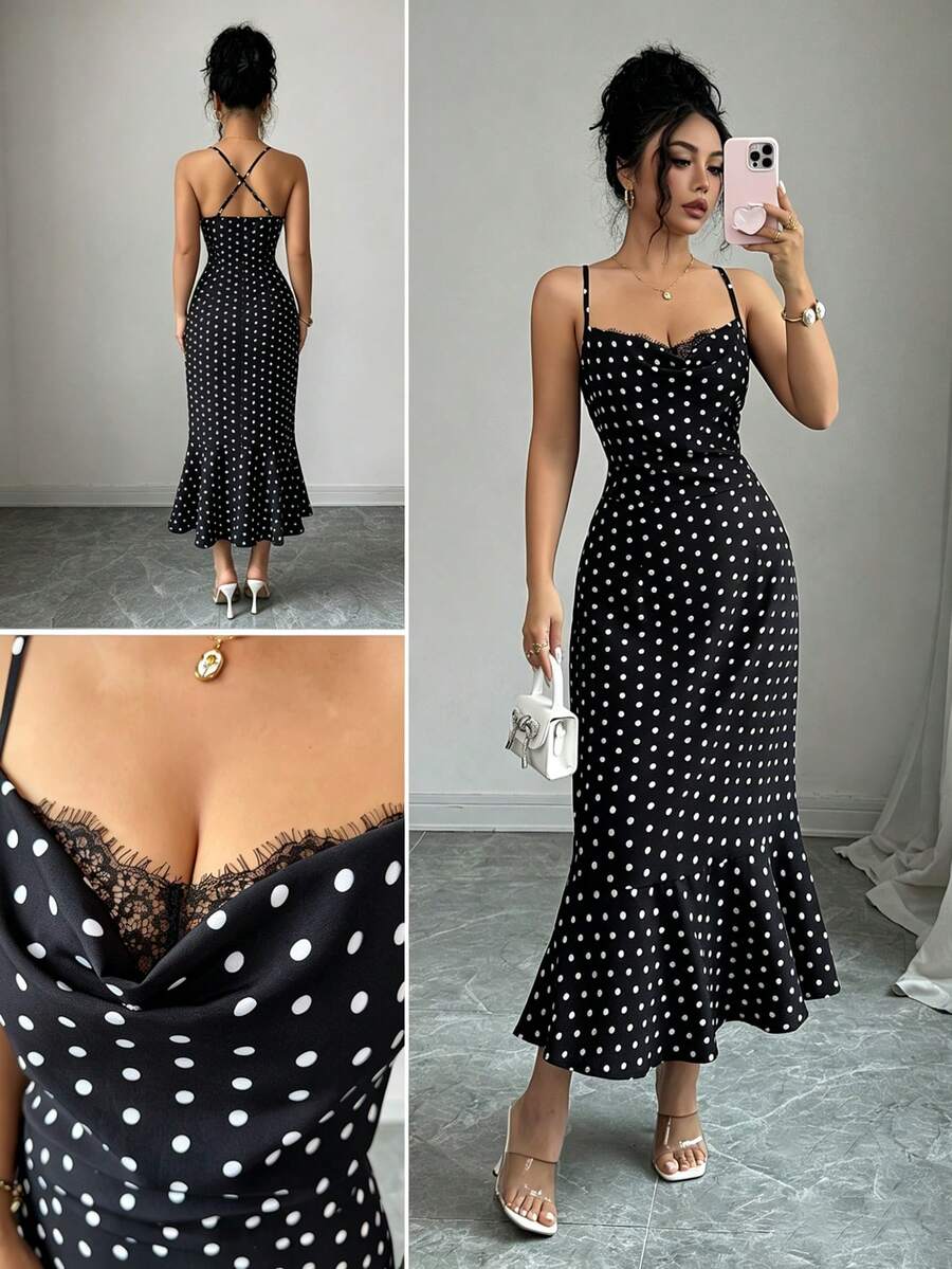 SHEIN Raffinéa 2026春夏新款女款波點細肩帶洋裝,蕾絲拼接荷葉領收腰魚尾復古時尚長洋裝,魚尾細肩帶派對正式禮服,波點蕾絲細肩帶洋裝,荷葉領收腰魚尾洋裝,法式性感風,派對約會正式洋裝,度假雪紡洋裝,荷葉領百褶,蕾絲拼接,波點印花,黑色洋裝,白色洋裝,黑白洋裝 - 黑與白 - 查看 1