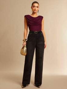 Silquee Bodysuit Feminino Elegante de Cor Sólida com Decote Drapeado e Babado, Verão - Violeta - Visão 7