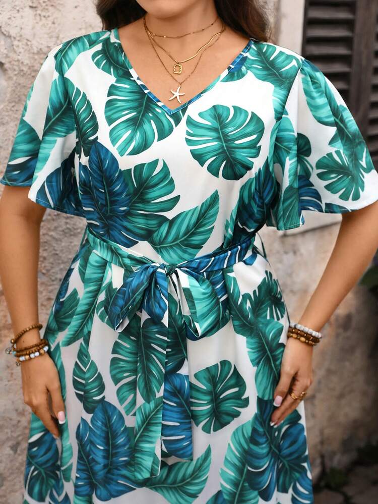 Plus Size Women Tropical Plant Print Casual Dress Beach Outfit For Women  Summer Outfits For Women