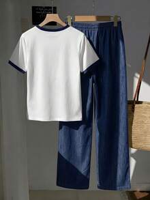 Divinelle 2pcs Set Embroidered Round Neck Short Sleeve Top And Striped Print Pants, Casual - Multicolor - View 2