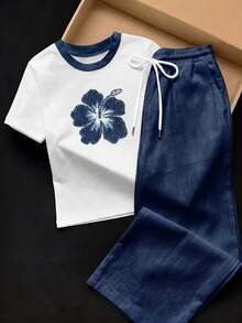 Divinelle 2pcs Set Embroidered Round Neck Short Sleeve Top And Striped Print Pants, Casual - Multicolor - View 5