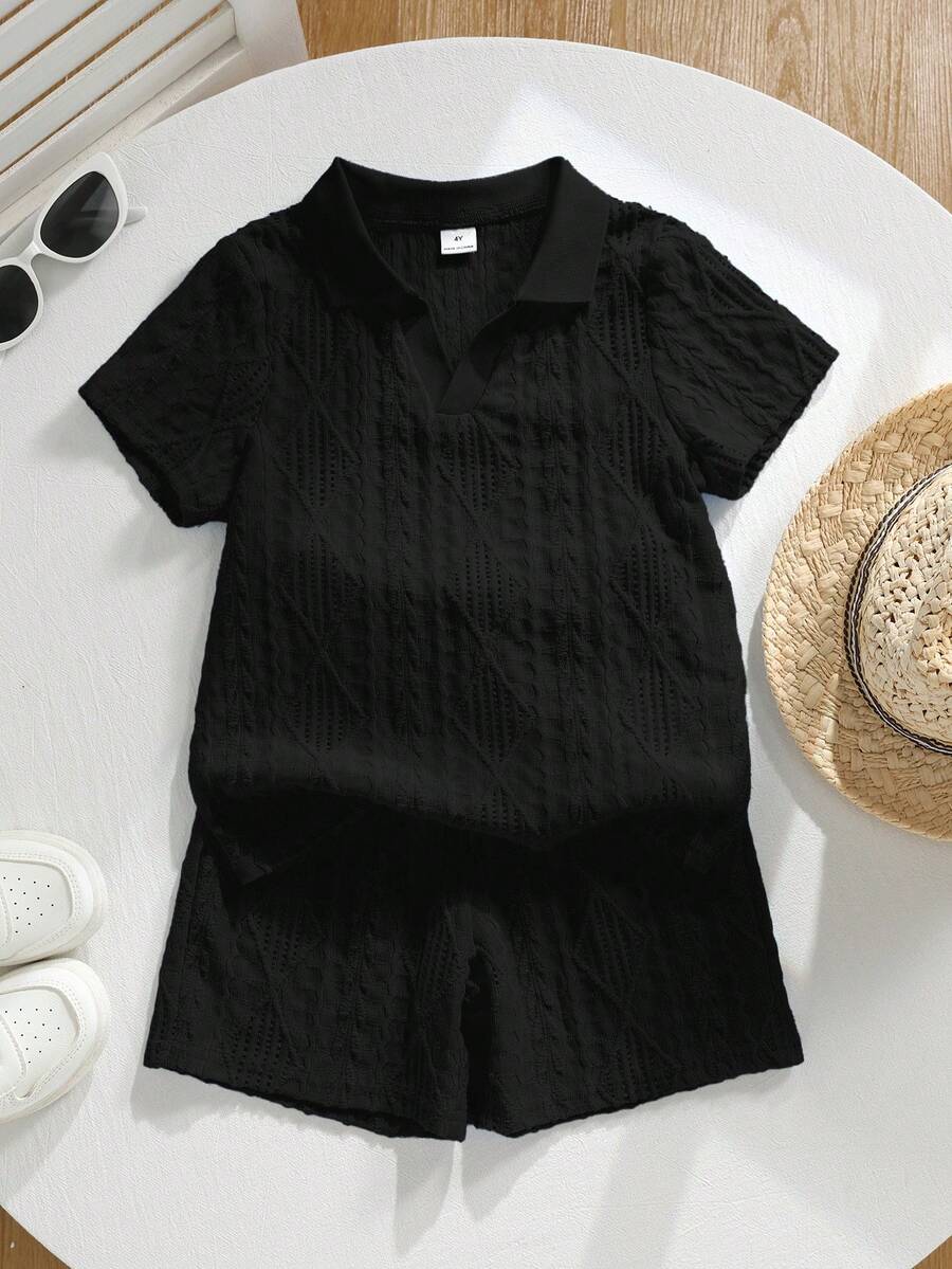 SHEIN 2-Pack Young Boys Summer Matching Family Vacation Holiday Textured Fabric Polo Shirt With Collar & Zipper Neck And Shorts Set For Outdoor Play,Party - Black - View 1