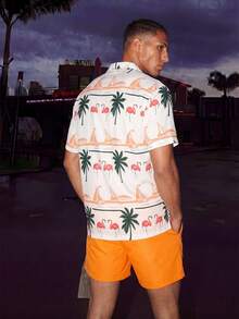 Manfinity KASUA Conjunto casual de playa para hombres con camisa de manga corta y pantalones cortos, minimalista y de moda para uso diario, bañador hawaiano - Naranja Coral - Ver 2
