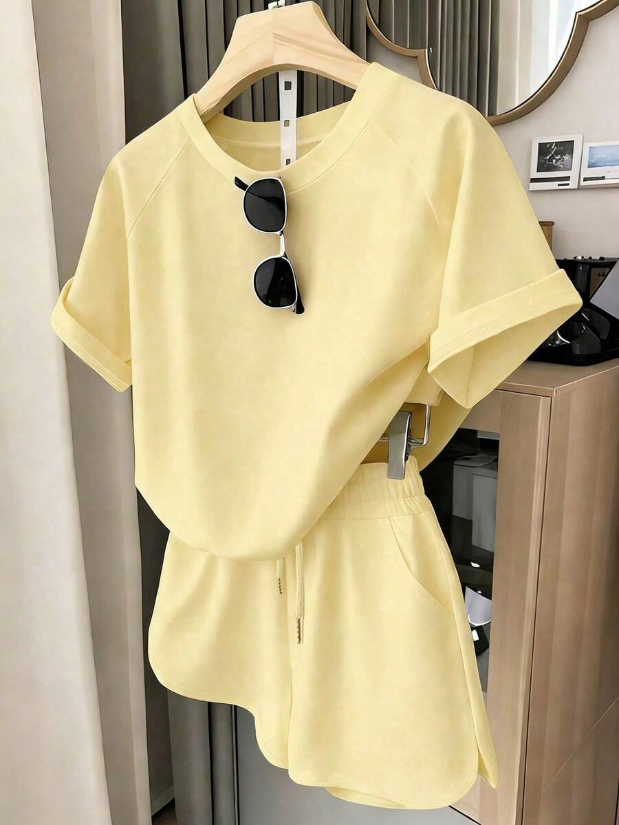 Franclia 加大码女式短袖短裤套装,夏季新品,黄色,返校季,教师节,户外骑行运动服,加大码女式T恤短裤套装 - 黃色 - 查看 1