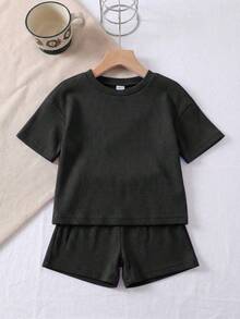 SHEIN LMoss Kids 两件套女童针织纯色圆领宽松T恤和修身短裤套装 - 黑色 - 查看 5