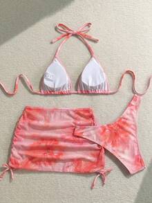 Soleia Bộ bikini hai dây buộc cổ và váy che ngoài in hoa dành cho nữ, thích hợp cho kỳ nghỉ biển. - Màu Hồng  San hô - Xem 3