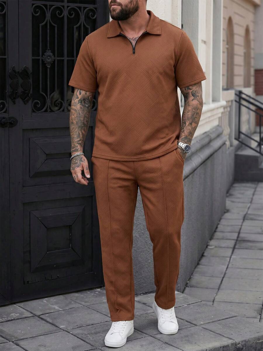 Manfinity Homme 加大码男士纯色短袖Polo衫和裤子套装 - 咖啡棕 - 查看 1