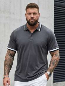Manfinity Homme 男式加大码条纹短袖 Polo 衫、高尔夫领衬衫 - 灰色 - 查看 4
