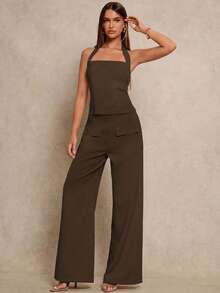 Glamine Bộ 2 món áo crop top ôm eo gợi cảm và quần ống đứng, vải dệt màu mơ, thiết kế đơn giản, dễ phối đồ, bộ sưu tập xuân mới. - màu nâu - Xem 8