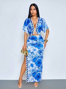 SOLERSUN Women's Hawaiian Tropical White And Blue Floral Summer Casual Holiday Vacation Holiday Crop Top With Ring Detail & High-Slit Maxi Skirt 2 Pieces Set - Navy Blue - View 1
