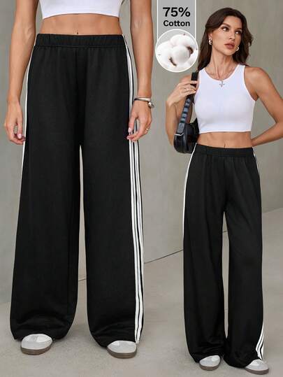 SHEIN Tall Quần ống rộng dệt kim cotton thường ngày cho nữ, màu đen với sọc trắng