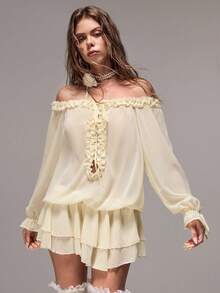 Sweetness Summer Vacation Music Festival Golf Outfit, Sweet Spicy Ruffle V-Neck Off Shoulder Chiffon Dress White Sexy - Beige - View 7