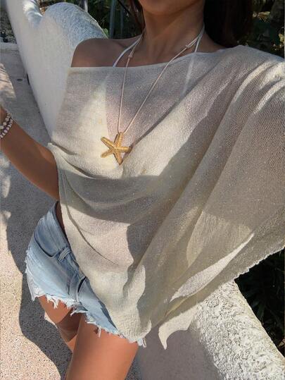 Sunnyshic Women's White Glitter Summer Casual Beach Holiday Vacation Loose Knit Shawl Cover Up,Asymmetrical Mesh Poncho Sheer Lightweight Y2k Aesthetic Top