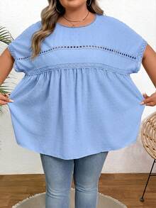 SHEIN CURVE+ 大码休闲度假纯色蝙蝠袖衬衫，夏季/乡村/海滩度假装/海滩装/沙滩服饰 - 淺藍色 - 查看 4