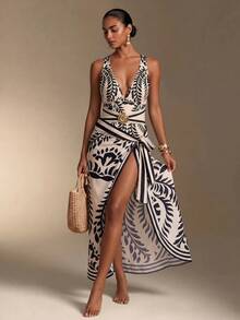 Swim Oasis Women's Elegant Black And White Botanical Print V-Neck One-Piece Swimsuit For Summer Beach Vacation With Beach Maxi Skirt - Multicolor - View 4