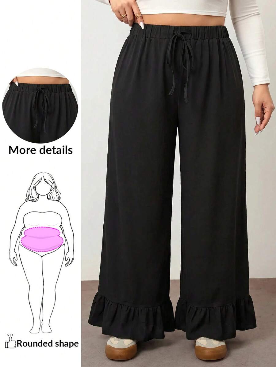 Enliva Plus Size Women's Black Ruffle Elastic Waist Wide Leg Pants, Suitable For Daily, Vacation, And Casual Wear - Black - View 1