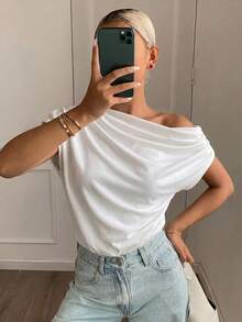 DAZY Solid Asymmetrical Neck Batwing Sleeve Tee,Crop Tops Women - White - View 10