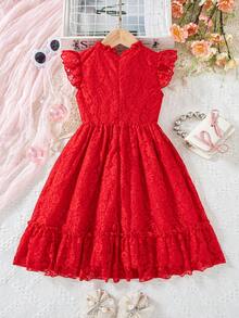 Elladie kids Red Summer Satin Party Spring Dress For Toddler Girls,Lace Floral Fabric,Flutter Sleeves,Ruffle Hem,Back Zipper Closure,Cute & Playful Summer Vacation - Red - View 3