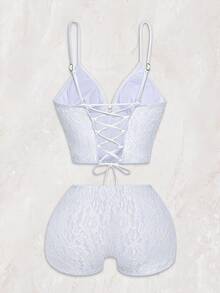 ROMWE Kawaii Bộ đồ bơi nữ phong cách Bohemian, áo hai dây ren trắng, quần short xếp tầng bèo nhún, thắt eo dây đen, phong cách Boho cho kỳ nghỉ bãi biển tiệc hồ bơi quyến rũ, mùa xuân lễ Phục sinh - trắng - Xem 2